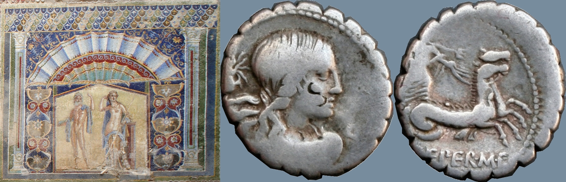 69BC 399/1 coin of Creperius with Neptune and Amphitrite, and mosaic of Neptune and Amphitrite at the eponymous house in Herculaneum