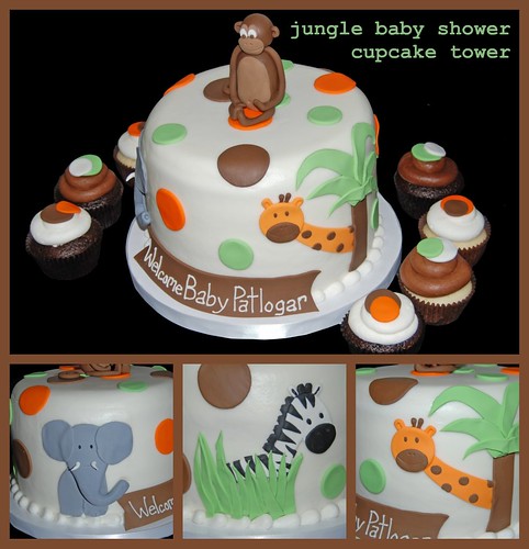 Orange, Green and Brown Jungle Themed Cupcake Tower for a Baby Shower