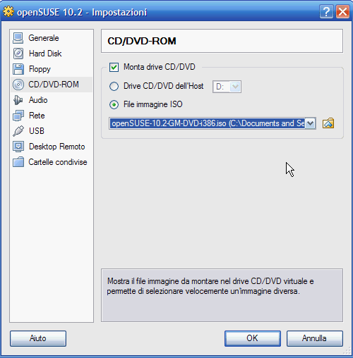 VirtualBox - file ISO caricato nel CD/DVD-ROM virtuale