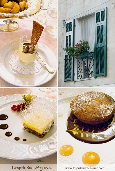 Desserts: Panna Cotta, Chocolate and sabayon fondant with a sugar dome and red berries, and Warm chocolate moelleux with a coulis of pears. (Ristorante La Conchiglia)