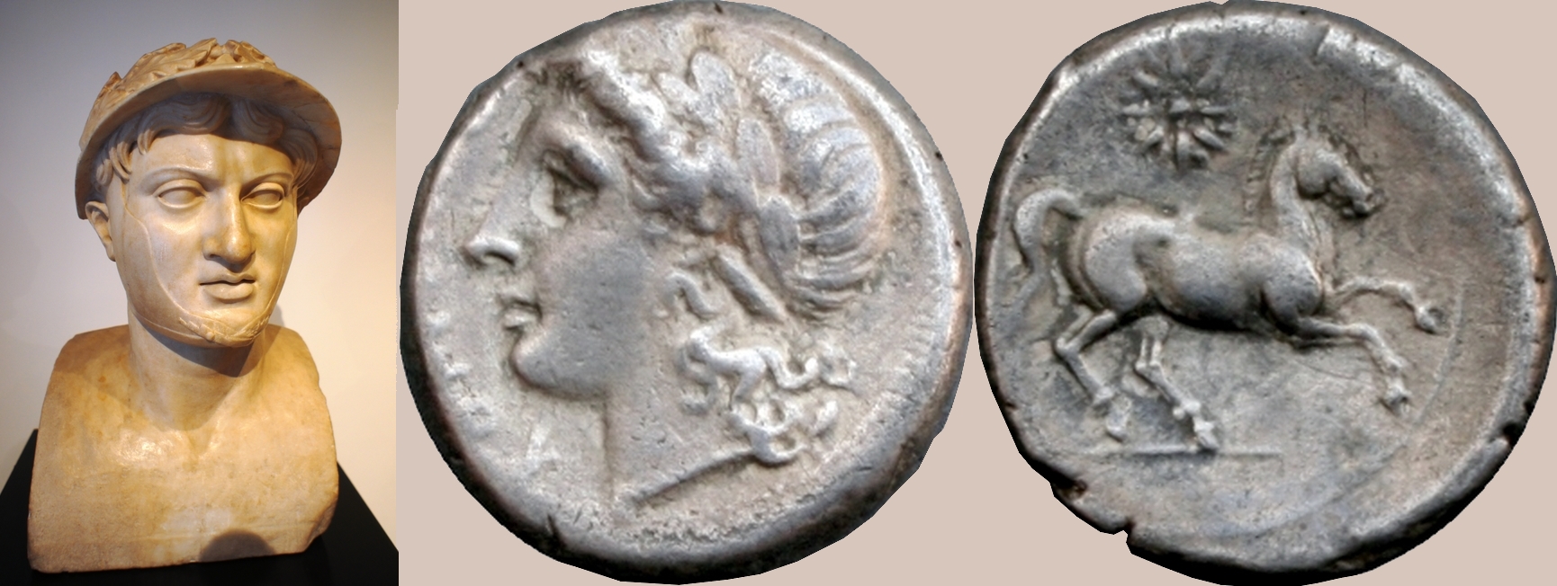 15/1 coin of Consuls Publius Decimus Mus and Publius Valerius Laevinus, with bust of Pyrrhus, winner of Pyrrhic victories at Heraclea 280BC and Asculum 279BC