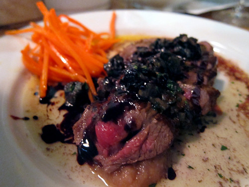 Bavette with Escargot Red Butter, Shallot Jam, Roasted Eggplant and Carrot Slaw