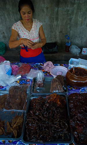 Women selling cooked buffalo skin in Luang Prabang, Laos
