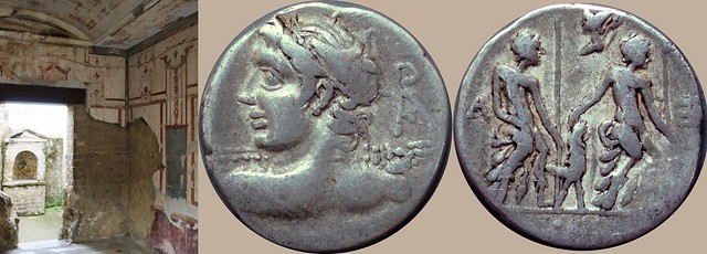 298/1 coin of Lucius Caesius 112BC with Vejovis and the Lares in dog-skins with dog, and votive shrine for the Lares or household gods in a Herculaneum house