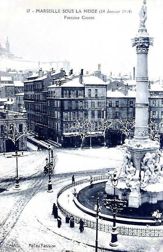 fontaine Cantini sous la neige à Marseille le 14 janvier 1914