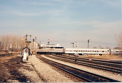 Westbound Amtrak passing over the CSX / Conrail crosstracks at Brighton Junction. Chicago Illinois. January 1988.
