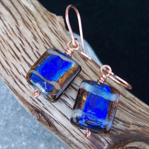 Dichroic glass and copper earrings