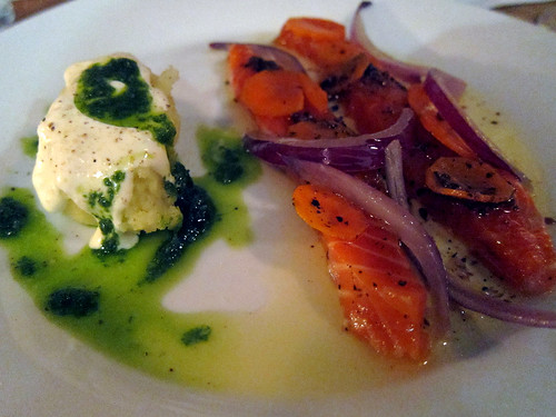 Marinated King Salmon, German Butterball Potatoes, Crème Fraîche with Red Wine Vinaigrette