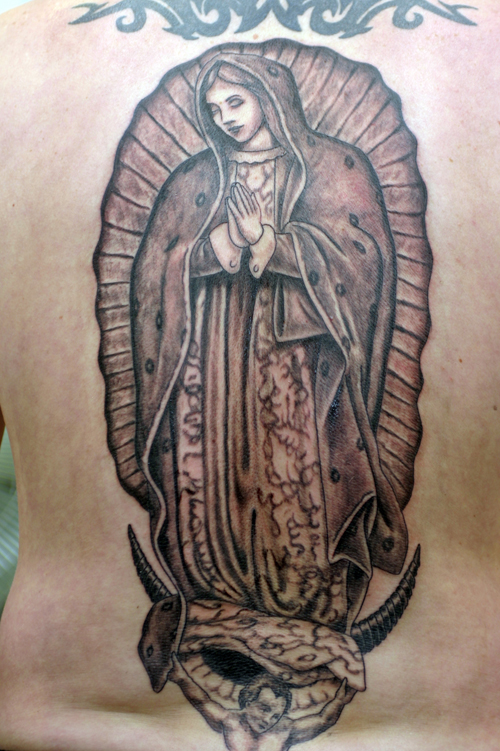 mother mary tattoo. grey-mother mary- back peice