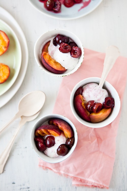 Grilled Peaches Poached Cherries & Fresh Vanilla Bean Ice Cream