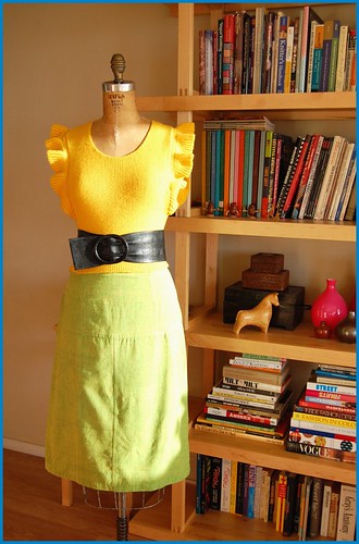 thrifted yellow vest, belt and skirt