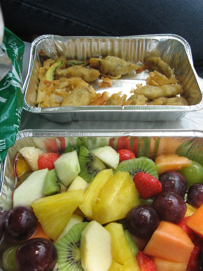 Fried veggies and fruit salad