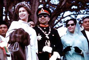 King Mahendra and Queen Ratna with Queen Elizabeth II during her state visit to Nepal, 1961 by Dwarika Das Shrestha