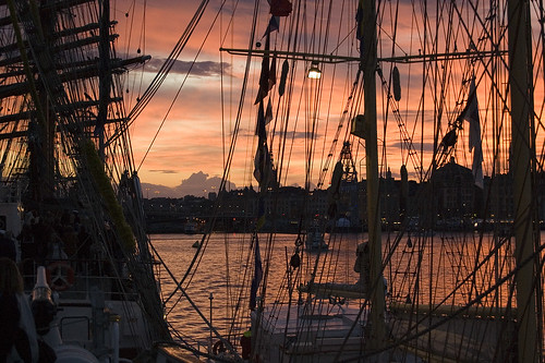 View of Stockholm in sunset from Mexican ship Cuauhtémoc
