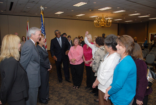 Chilton County’s Gold Award winning Jemison Elementary School Food Service Staff sing a HealthierUS School Challenge jingle to Janey Thornton, USDA Food, Nutrition and Consumer Services Deputy Under Secretary (3rd from left), and Dr. Joseph B. Morton, Alabama State Superintendent of Education (2nd from left) while others look on at Alabama’s celebration event that recognized 52 of their schools for meeting the challenge on Oct. 29, 2010.  