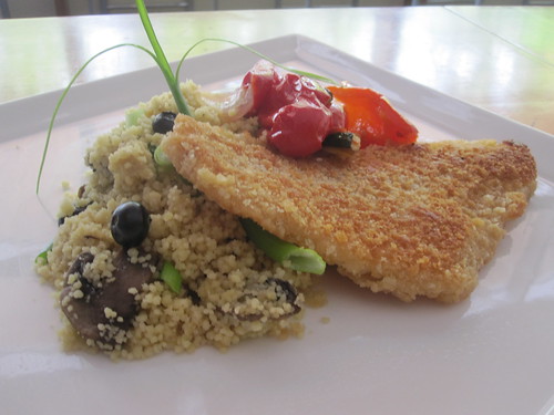 Crunchy filet of sole, couscous with mushrooms and blueberries, roasted veggies