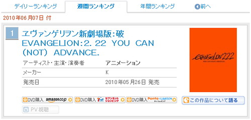100602(1) - 藍光光碟《福音戰士新劇場版：破》首賣僅一週便超越麥可傑克森，成為日本公信榜史上最賣座冠軍！