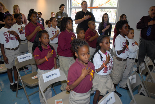 Students from Success Preparatory Academy lead the pledge of allegiance at the kick-off of the No Kid Hungry campaign in New Orleans on November 12.  