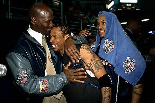 Michael Jordan embraces Allen Iverson