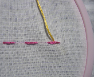  the line of stitches, going over and under, without piercing the fabric.