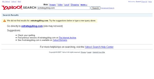 Screenshot of Yahoo Search for estrategyblog.com on 08/08/07