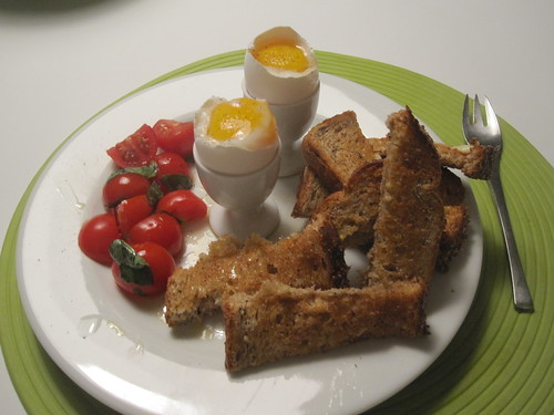 soft-boiled eggs, soldiers, tomato-basil salad