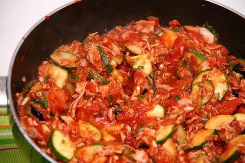 Sauce: Zucchini, Garlic, Olives, Capers, Tuna, Tomatos & Herbs