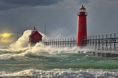 "The Storm" Grand Haven Lighthouse , Grand Haven Michigan by Michigan Nut