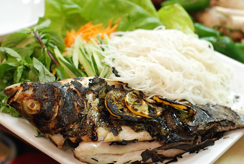 Grilled Striped Bass with Grape Leaves