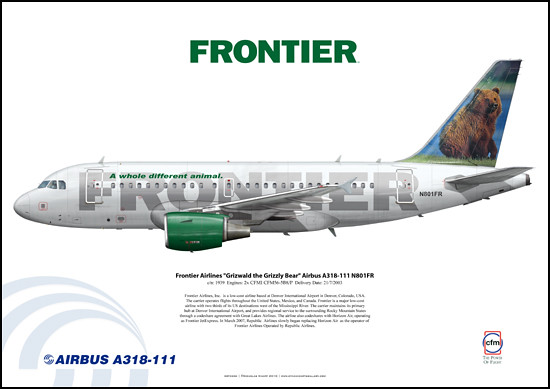 Frontier Airlines "Grizwald the Grizzly Bear" BABYBUS Airbus A318-111 N801FR