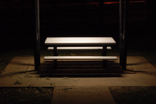 Picnic table at night