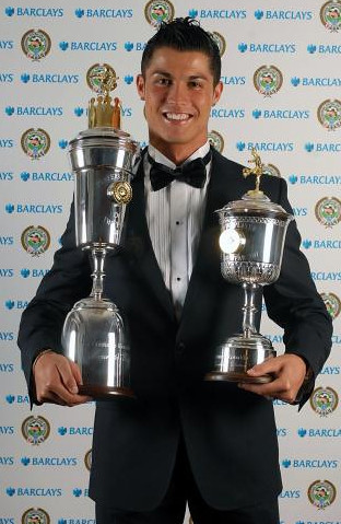 Cristiano Ronaldo with his PFA Young Player of the year awards