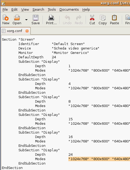 Fig. 8 - Ubuntu Guest Addition - sezione video del file xorg.conf