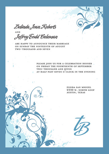 Wedding Invitation for an Austin Wedding, Wedding invitation design. Floral blue and white., wedding cakes, flowers, invitation, photos, gowns, dresses