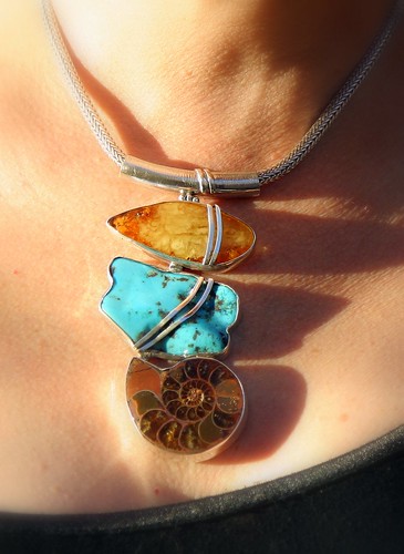 MY NEW HUGE NECKPIECE...AMBER, TURQUOISE AND AN AMMONITE...FROM THE FLEA MARKET