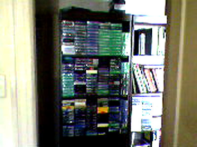 VHS tapes on a bookcase