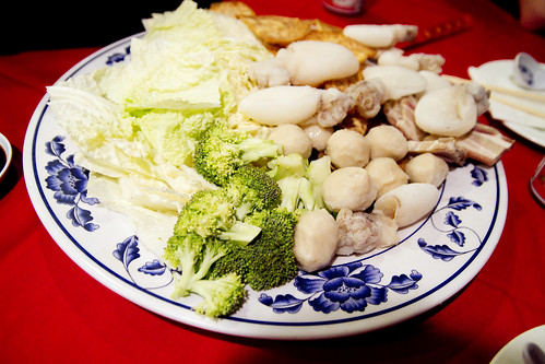 broccoli, cabbage, fish balls, baby cuttlefish, taro