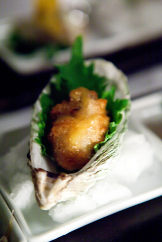 Fried Hama-Hama oyster with shiso, sansho pepper, and wasabi-yuzu dipping sauce