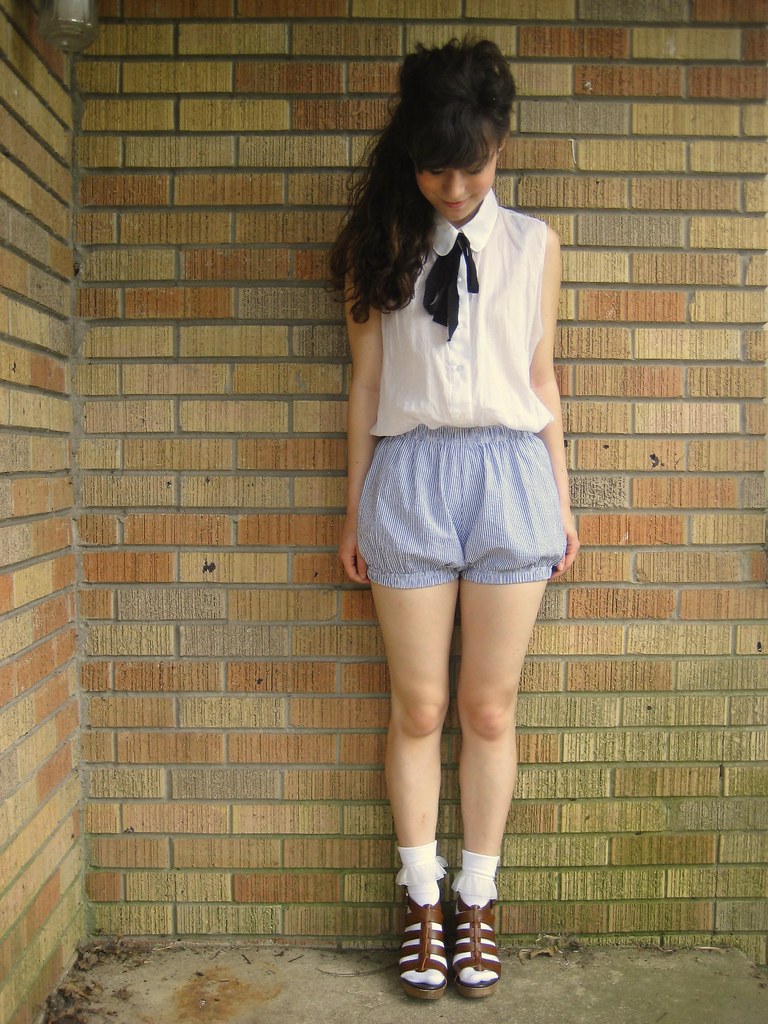 american apparel head to toe. seersucker bloomers and sheer button up