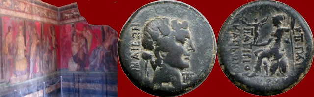 Bithynia coin of Roman magistrate Papirius Carbo 59BC with head of Dionysus, and Villa of Mysteries fresco, initiation of a woman into the cult of Dionysus