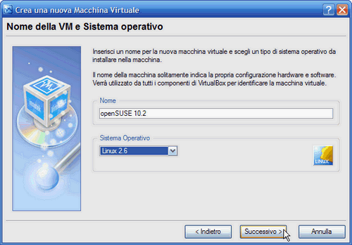VirtualBox - nome macchina virtuale e sistema operativo da installare