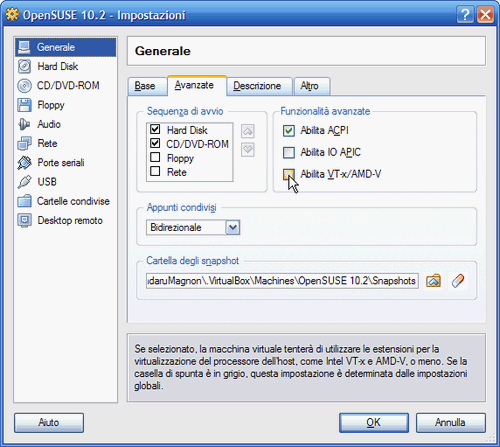 Fig. 3 - VirtualBox 1.5 - Attivazione supporto hardware virtualizzazione
