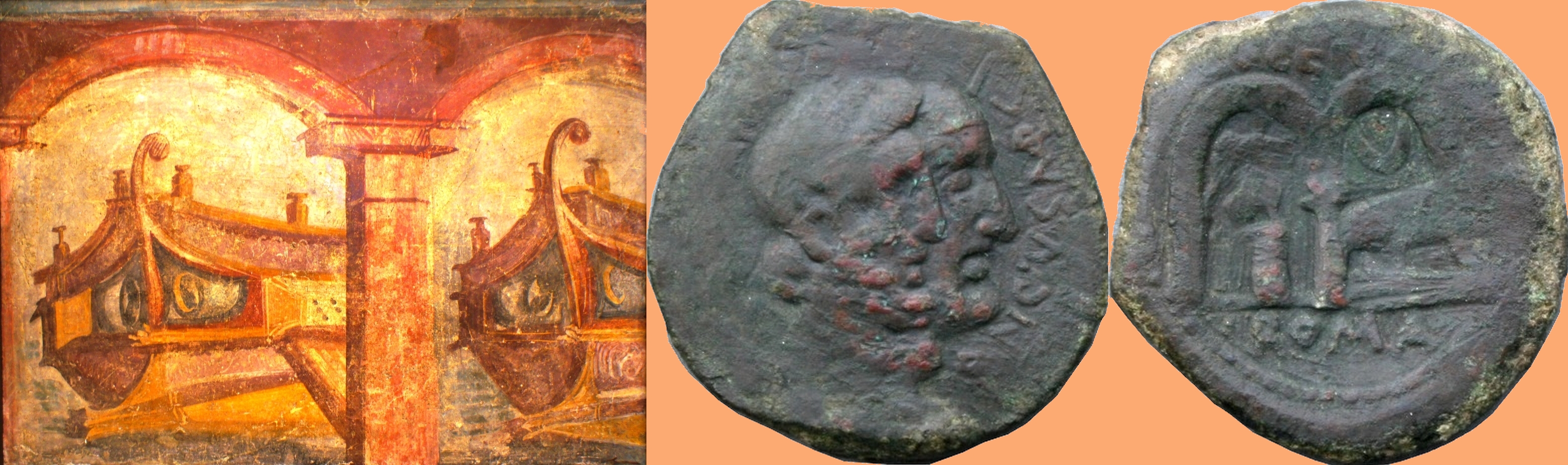 346/3 coin of Censorinus 88BC with statue, Two Arches and a Ship, beside a Pompeian painting of Two Arches and Two Ships in harbour