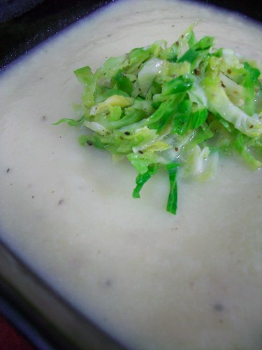 Creamy Cauliflower Soup with Shredded Brussel Sprouts