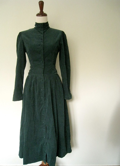 Victorian-Inspired Pine Green Corduroy Dress, Vintage 80's