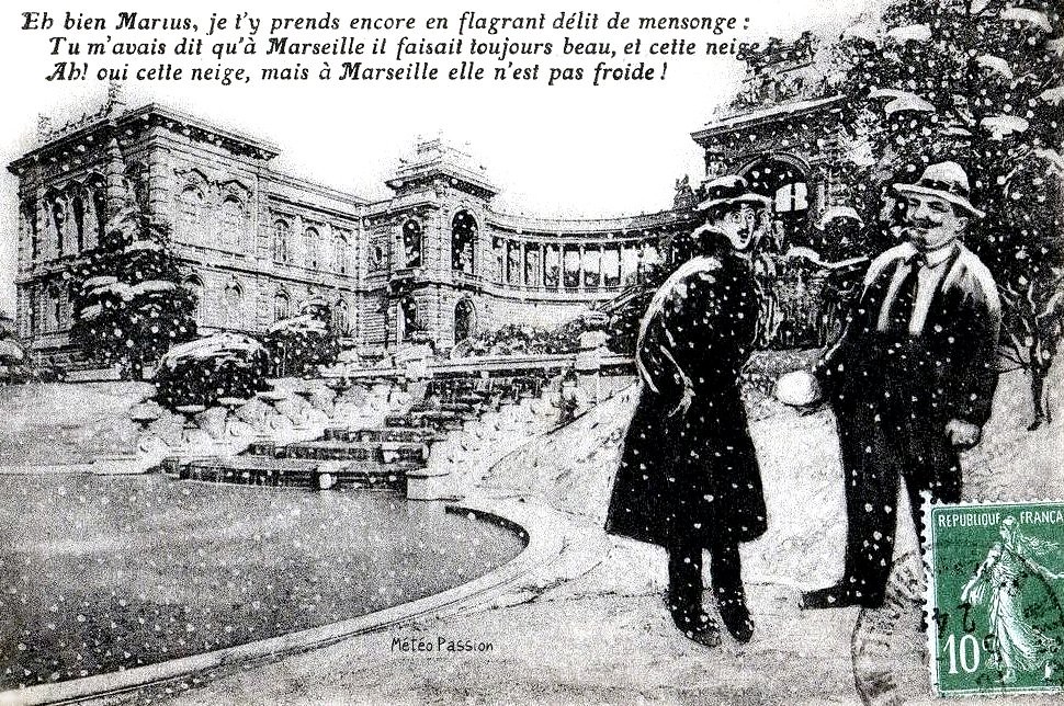 dessin humoristique sur Marius et la neige à Marseille