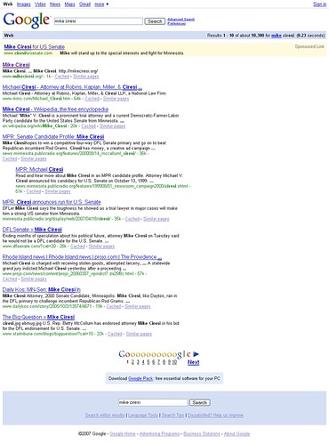 Google Search Results for "mike ciresi" on 6/6/07