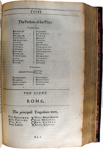 List of characters in 'Sejanus' and the actors who were in the play. Two of the named actors are William Shakespeare and Richard Burbage. 