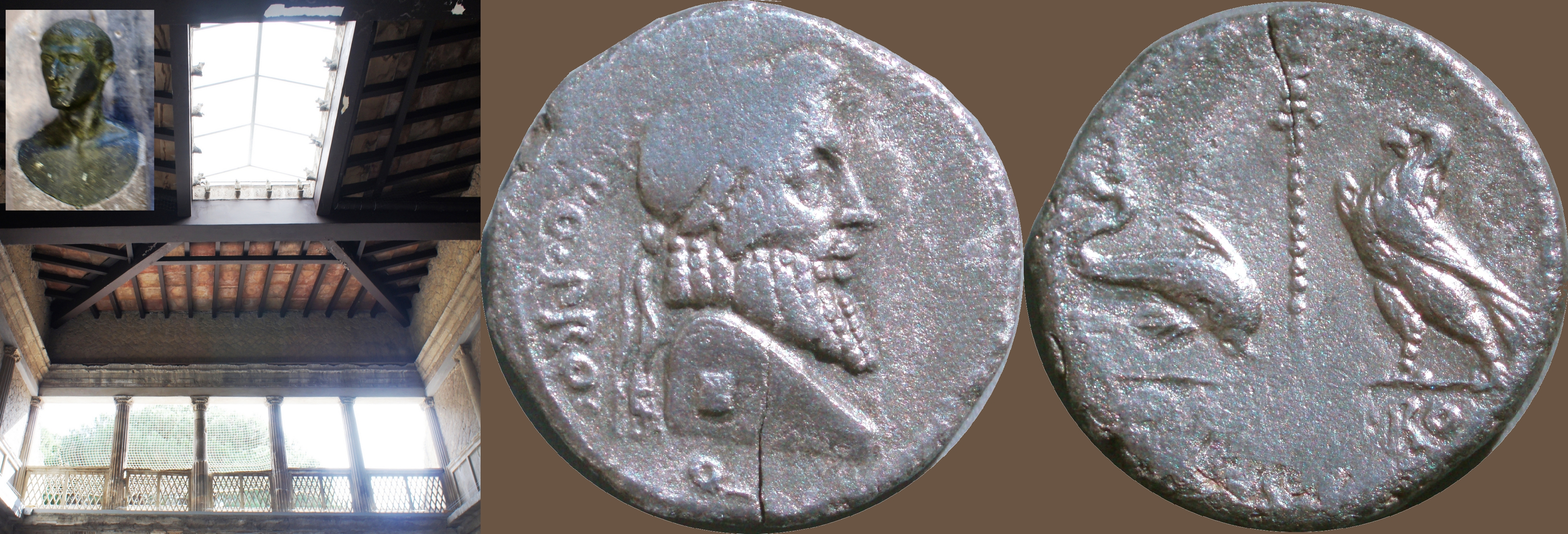 447/1 coin of Pompey the Great 48BC Terminal head of Jupiter, and upper storey of House of the Bronze Herm in Herculaneum with inset its Herm or Terminal Head