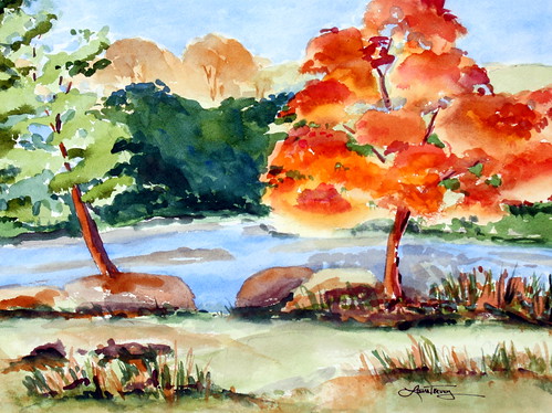 Fall Foliage Riverview - Original Watercolor Painting